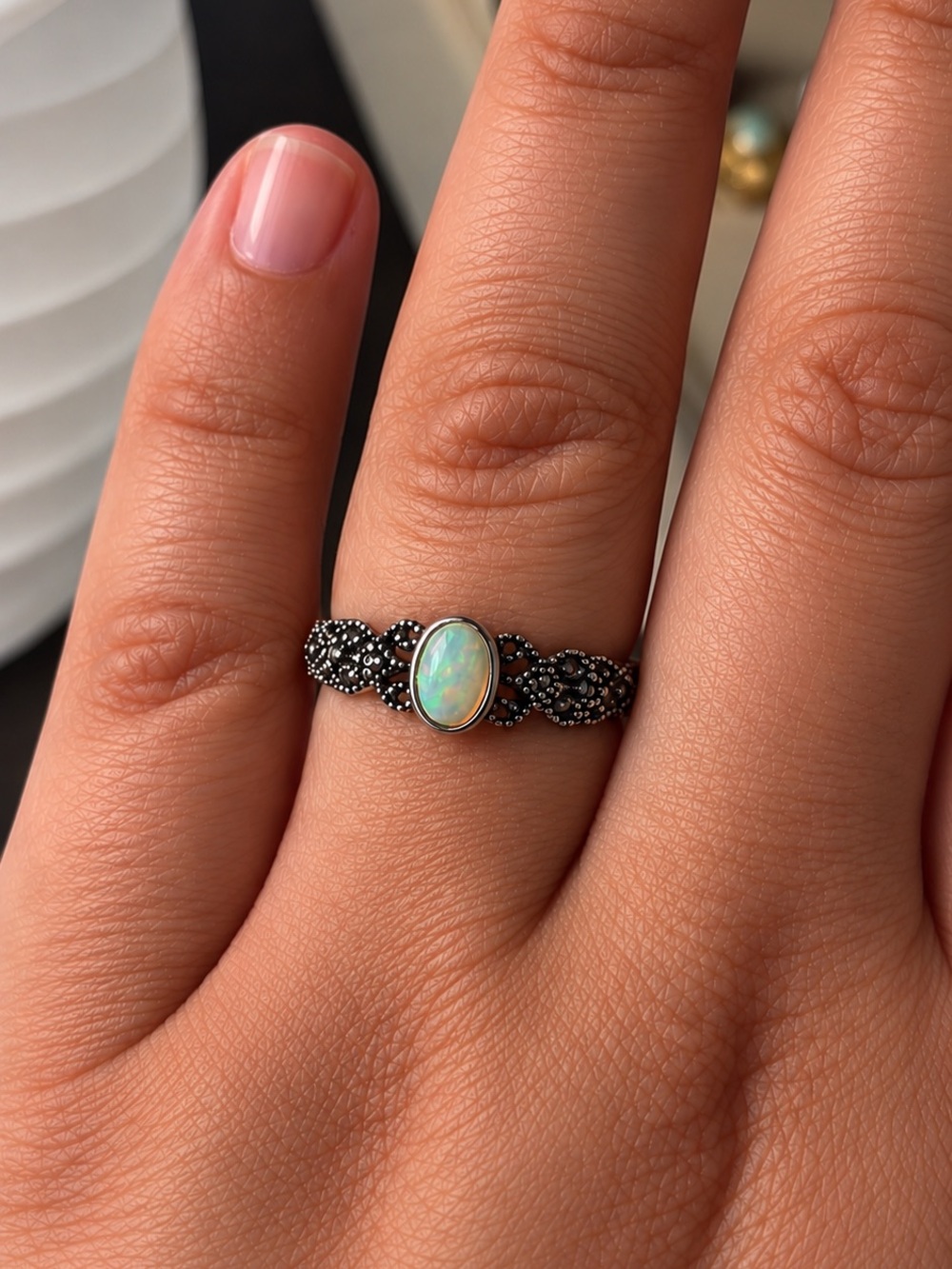 October Birthstone Ring | Opal & Oxidized Silver Braided Ring | Vintage